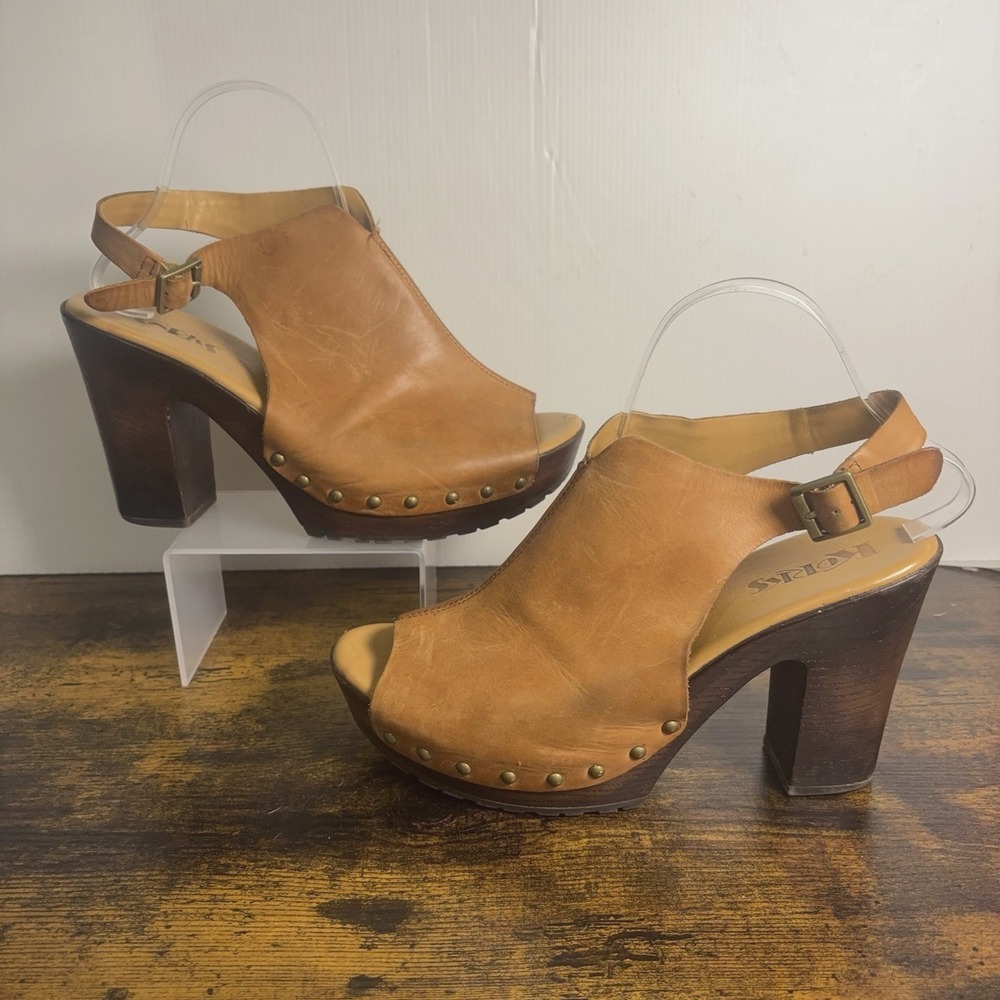 Kork-Ease Sienna Clog Womens Sz 10M Tan Leather Block Heel Studded Slingback